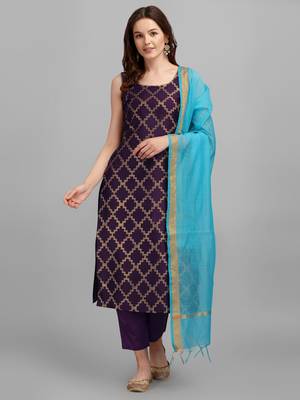 Purple jacquard cotton silk Kurta Pant With Dupatta 1