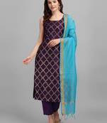 Purple jacquard cotton silk Kurta Pant With Dupatta