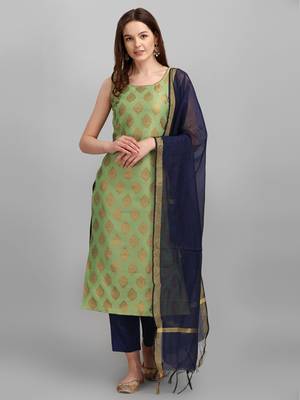Light-green jacquard cotton silk Kurta Pant With Dupatta 1