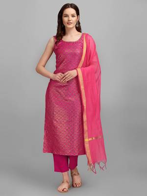 Rani-pink jacquard cotton silk Kurta Pant With Dupatta 1