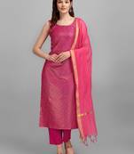 Rani-pink jacquard cotton silk Kurta Pant With Dupatta