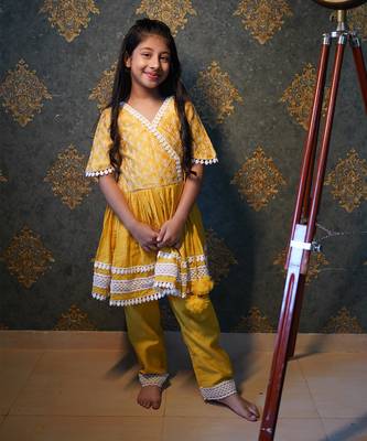 Yellow Thread Embroidered And Lace Work Kurti With Pant 1