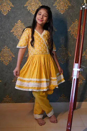 Yellow Thread Embroidered And Lace Work Kurti With Pant