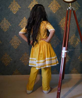 Yellow Thread Embroidered And Lace Work Kurti With Pant 4