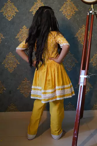 Yellow Thread Embroidered And Lace Work Kurti With Pant