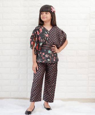 Peplum Style Floral Printed Black Top With Pant 1