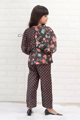 Peplum Style Floral Printed Black Top With Pant