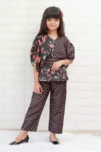 Peplum Style Floral Printed Black Top With Pant