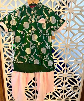 Upturned Sleeves Green Floral Brocade Asymmetric Kurta With Patiala 1