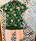 Upturned Sleeves Green Floral Brocade Asymmetric Kurta With Patiala