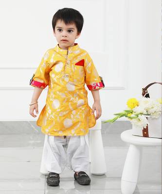 Upturned Sleeves Yellow Floral Brocade Kurta With Patiala 1