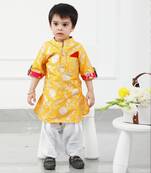 Upturned Sleeves Yellow Floral Brocade Kurta With Patiala
