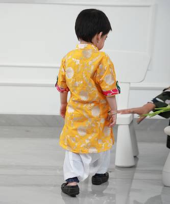 Upturned Sleeves Yellow Floral Brocade Kurta With Patiala 2