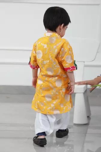 Upturned Sleeves Yellow Floral Brocade Kurta With Patiala