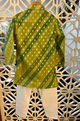 Brocade Embroidered Leheriya Printed Multicolour Kurta And White Pyjama
