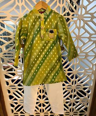 Brocade Embroidered Leheriya Printed Multicolour Kurta And White Pyjama 1