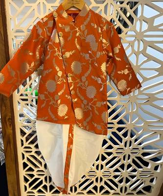 Orange Floral Brocade Asymmetric Kurta With Dhoti 1