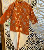 Orange Floral Brocade Asymmetric Kurta With Dhoti