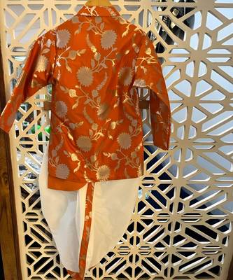 Orange Floral Brocade Asymmetric Kurta With Dhoti 2