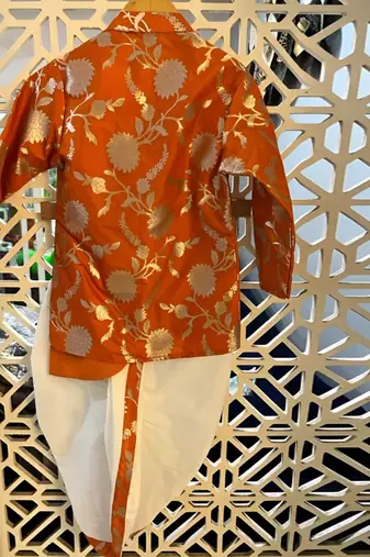 Orange Floral Brocade Asymmetric Kurta With Dhoti