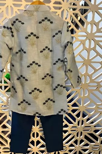 White Zari Embroidered Kurta And Navy Blue Pyjama