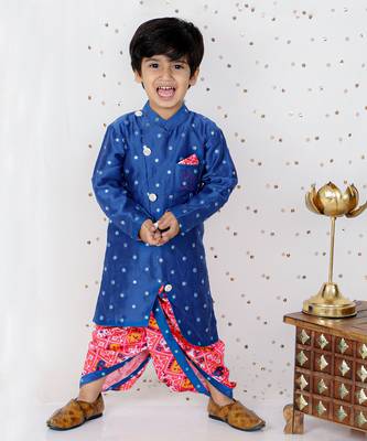 Faux Mirror Work Asymmetric Blue Kurta And Patola Printed Dhoti 1
