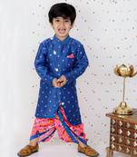 Faux Mirror Work Asymmetric Blue Kurta And Patola Printed Dhoti