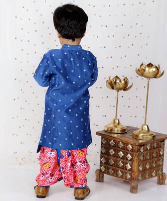 Faux Mirror Work Asymmetric Blue Kurta And Patola Printed Dhoti 2