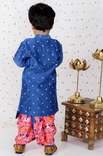 Faux Mirror Work Asymmetric Blue Kurta And Patola Printed Dhoti