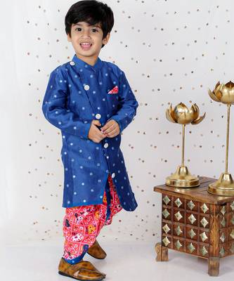 Faux Mirror Work Asymmetric Blue Kurta And Patola Printed Dhoti 3