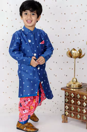 Faux Mirror Work Asymmetric Blue Kurta And Patola Printed Dhoti