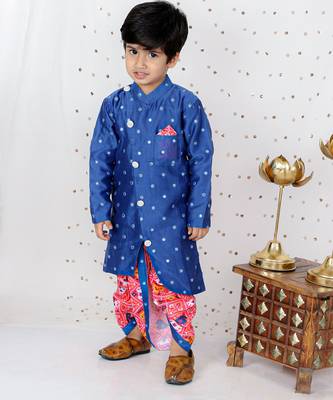 Faux Mirror Work Asymmetric Blue Kurta And Patola Printed Dhoti 4