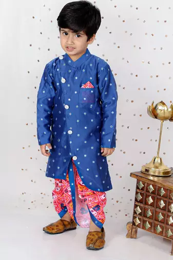 Faux Mirror Work Asymmetric Blue Kurta And Patola Printed Dhoti