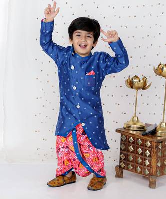 Faux Mirror Work Asymmetric Blue Kurta And Patola Printed Dhoti 5