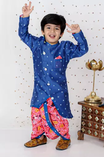 Faux Mirror Work Asymmetric Blue Kurta And Patola Printed Dhoti