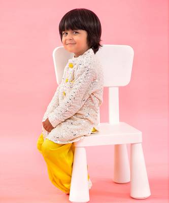 Faux Mirror Work And Thread Embroidered Ethnic Kurta With Lemon Yellow Dhoti 2
