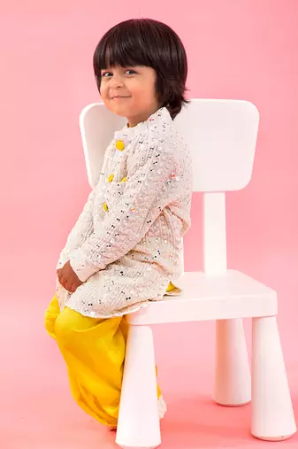 Faux Mirror Work And Thread Embroidered Ethnic Kurta With Lemon Yellow Dhoti