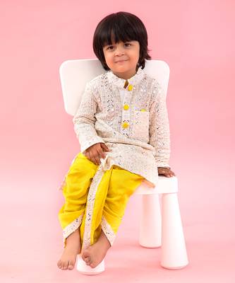 Faux Mirror Work And Thread Embroidered Ethnic Kurta With Lemon Yellow Dhoti 1