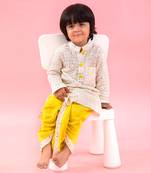 Faux Mirror Work And Thread Embroidered Ethnic Kurta With Lemon Yellow Dhoti