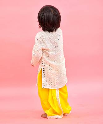 Faux Mirror Work And Thread Embroidered Ethnic Kurta With Lemon Yellow Dhoti 3