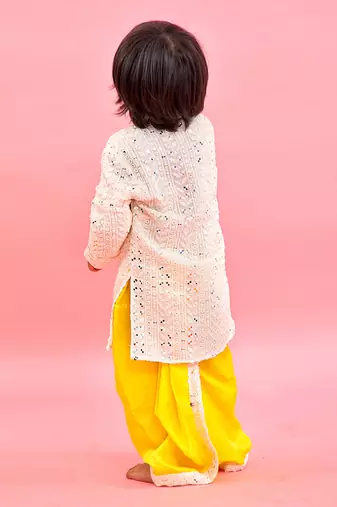 Faux Mirror Work And Thread Embroidered Ethnic Kurta With Lemon Yellow Dhoti