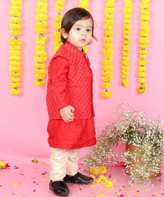 Thread And Sequins Embroidered Red Jacket And Kurta With Pyjama 2