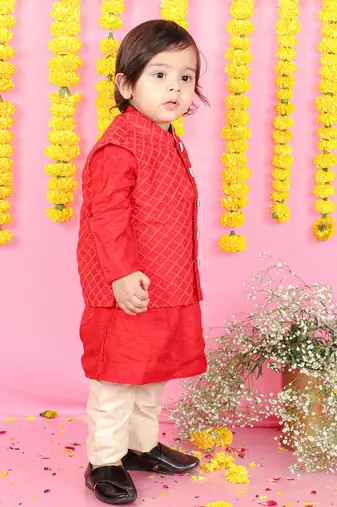 Thread And Sequins Embroidered Red Jacket And Kurta With Pyjama