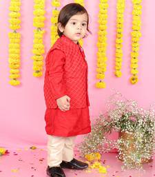 Thread And Sequins Embroidered Red Jacket And Kurta With Pyjama