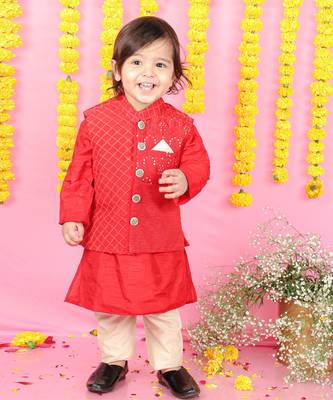 Thread And Sequins Embroidered Red Jacket And Kurta With Pyjama 1