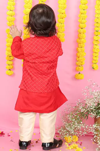 Thread And Sequins Embroidered Red Jacket And Kurta With Pyjama