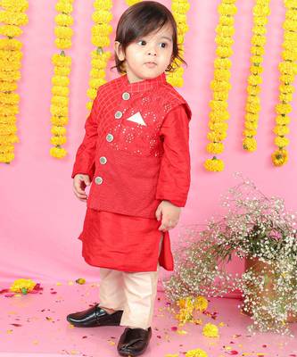 Thread And Sequins Embroidered Red Jacket And Kurta With Pyjama 4