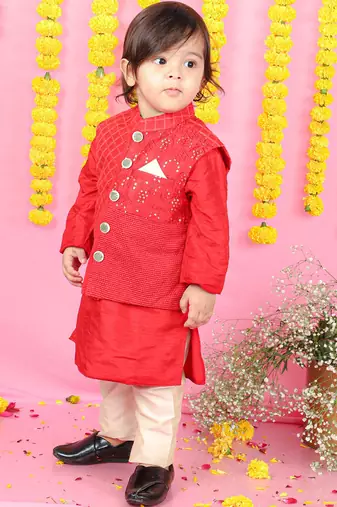 Thread And Sequins Embroidered Red Jacket And Kurta With Pyjama