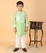 Green Kurta With Floral Thread Embroidered Asymmetric Attached Jacket And Pyjama