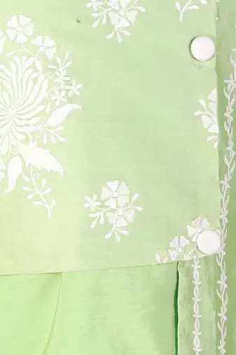 Green Kurta With Floral Thread Embroidered Asymmetric Attached Jacket And Pyjama